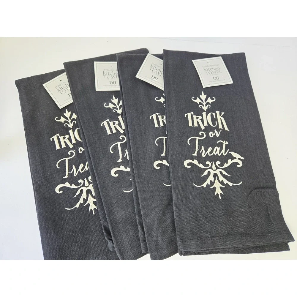 Design Imports embroidered Kitchen Towel Halloween Trick or Treat‎ set of 4 NEW